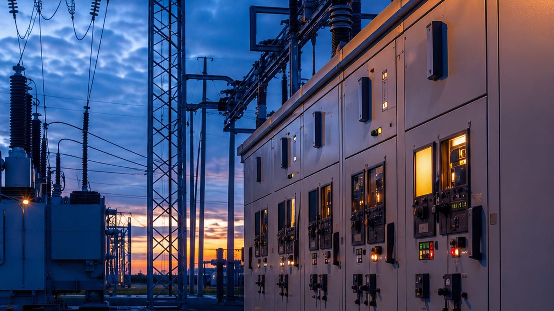 Subestación eléctrica industrial al atardecer